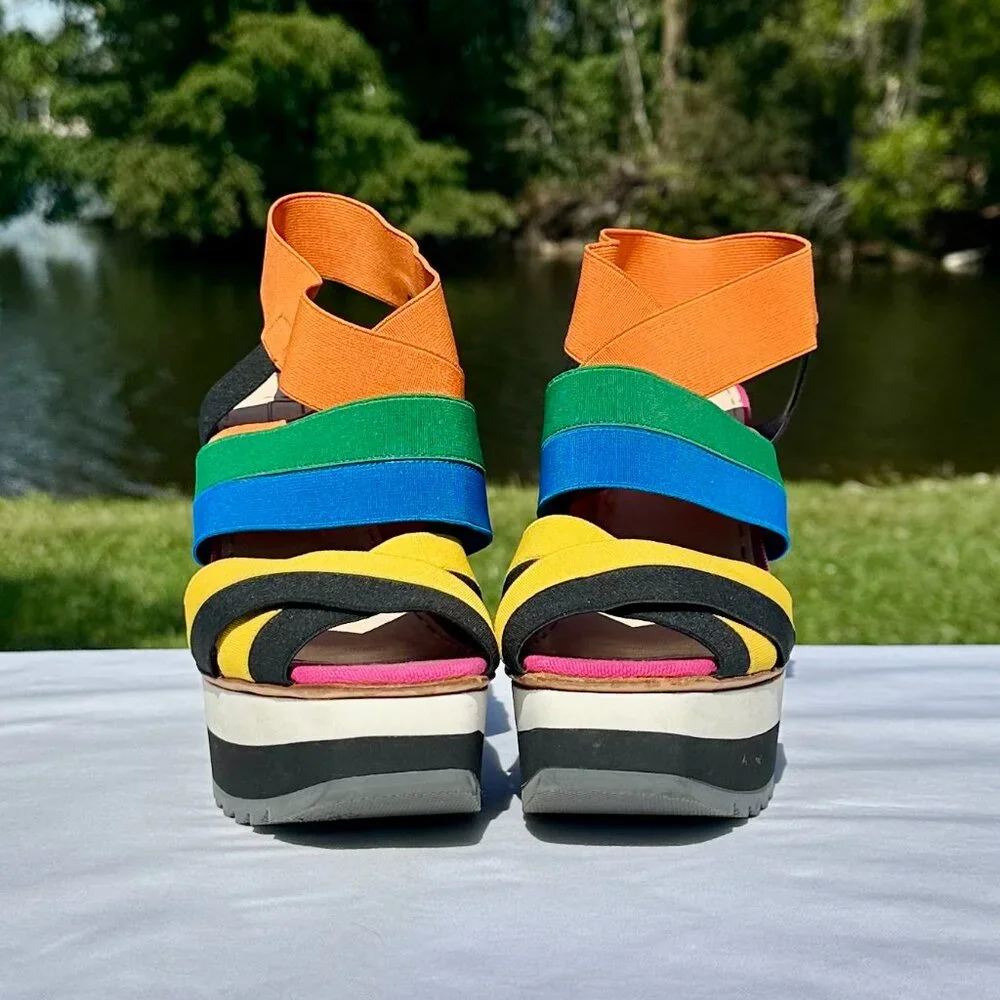 PRADA Peep Toe Platform Multi Strap Multi Color Bandage Slingback Wedge NEW 36